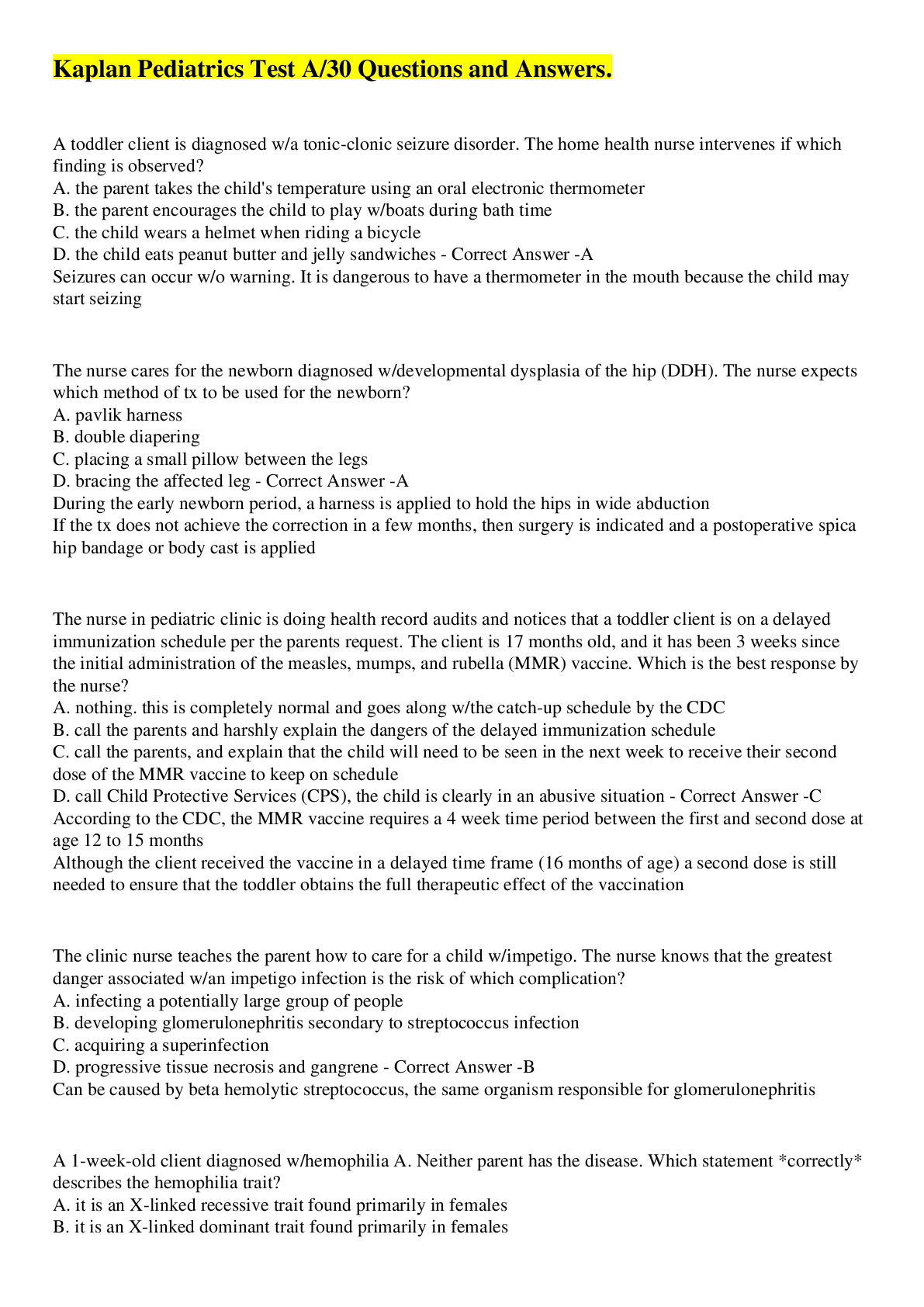 Preview image for Kaplan Pediatrics Test A/30 Questions and Answers.